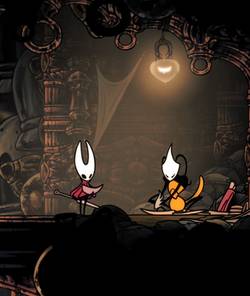 Hornet looking at a map beside Shakra in Hollow Knight: Silksong.