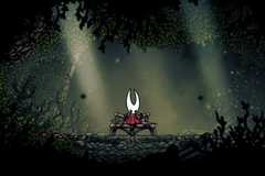 Hornet sitting at the Hunter's March Bench in Hollow Knight: Silksong.